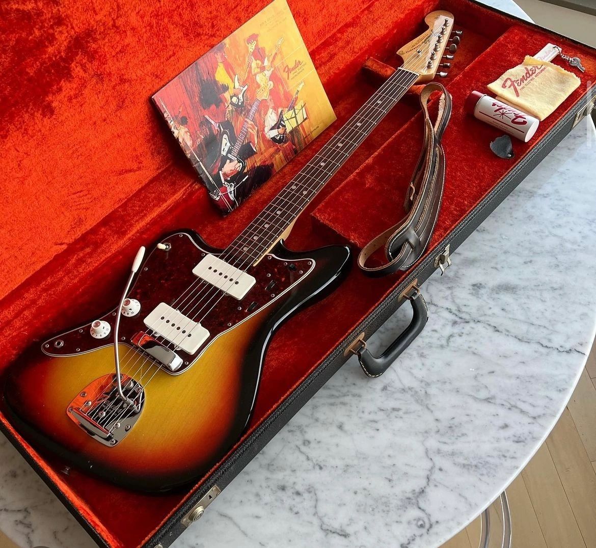 1966 left-handed Fender Jazzmaster, Sunburst, in its case